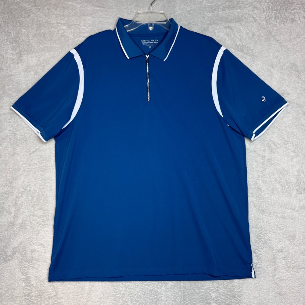 Michel Rouen Polo Shirt Mens Blue White Striped Performance Golf Shirt Size XL